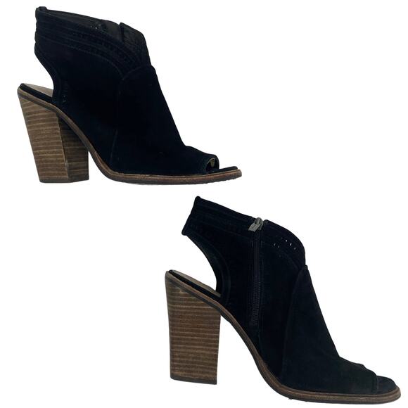 Shoes - Vince Camuto women 9.5M black suede Zip block High Heel peep toe Sandal boots